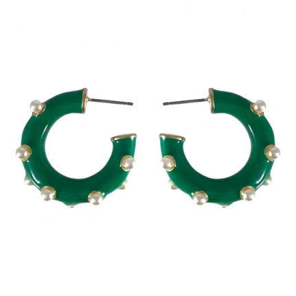 ENAMEL PEARL HOOP EARRINGS - GREEN