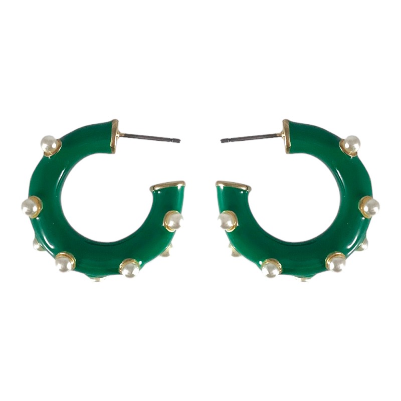 ENAMEL PEARL HOOP EARRINGS - GREEN