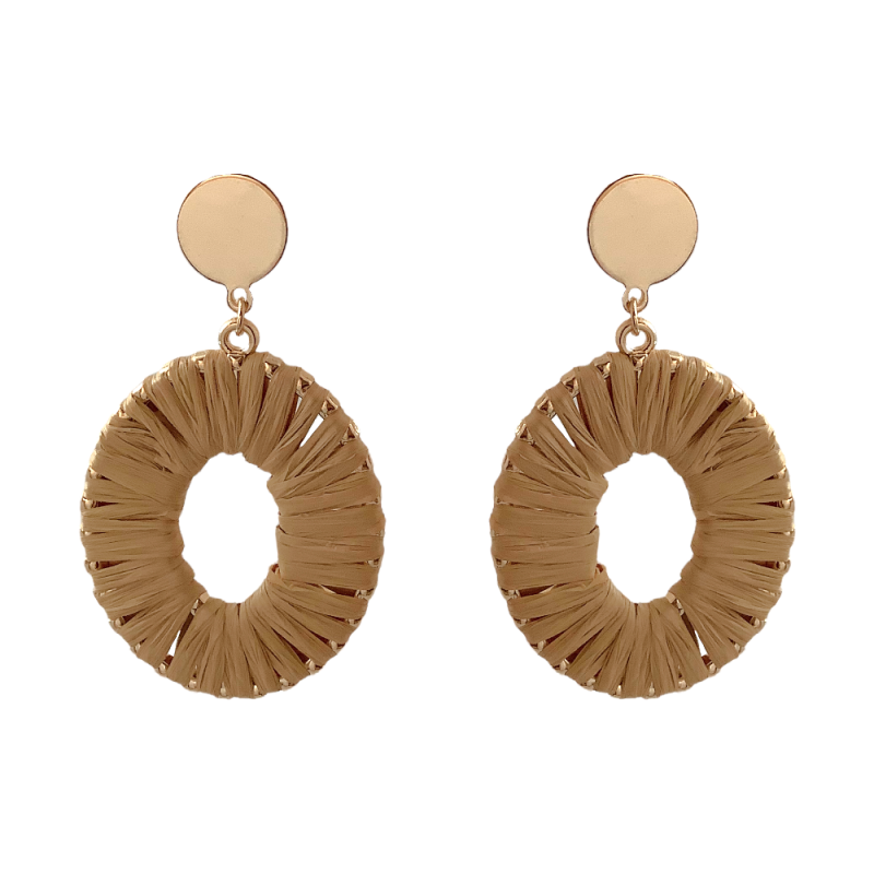 RAFFIA OVAL WRAPPED HOOP EARRINGS - LIGHT BROWN
