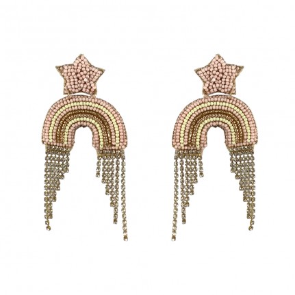NOVELTY BEADED EARRINGS - STAR RAINBOW FRINGE PASTEL 