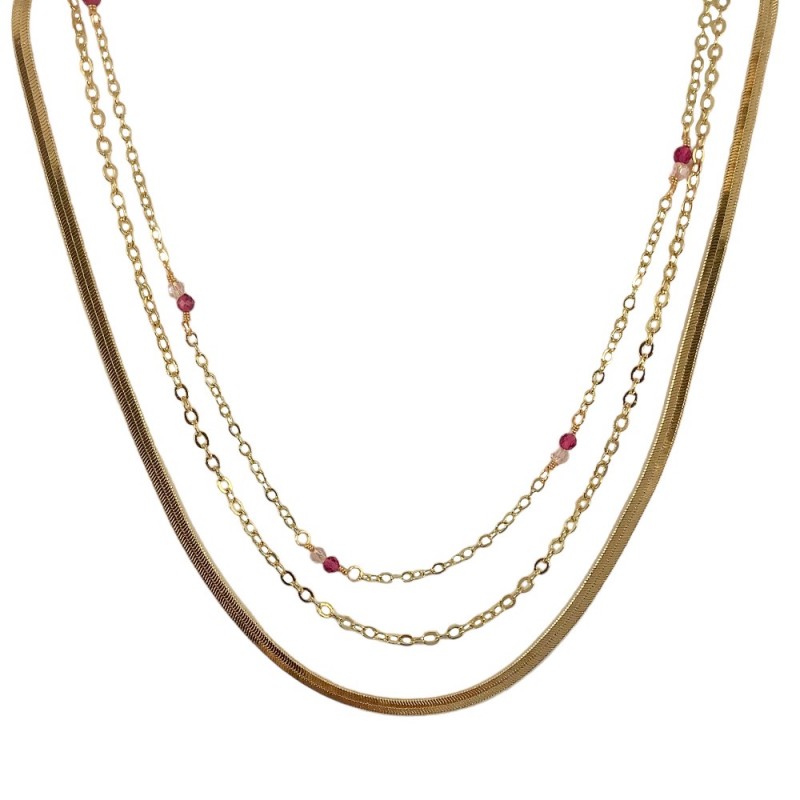 SNAKE LINK CRYSTAL LAYERED NECKLACE - MAGENTA