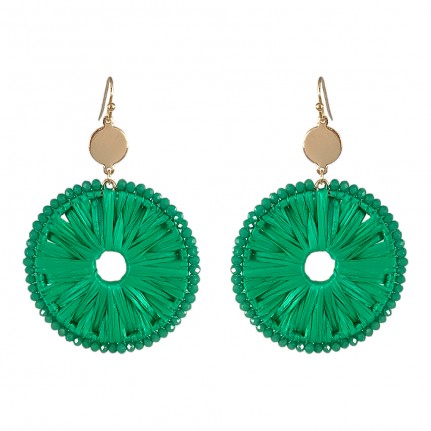 RAFFIA WRAPPED CRYSTAL DETAIL HOOP EARRINGS - GREEN