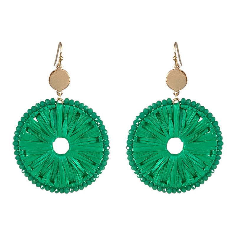 RAFFIA WRAPPED CRYSTAL DETAIL HOOP EARRINGS - GREEN