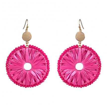 RAFFIA WRAPPED CRYSTAL DETAIL HOOP EARRINGS - HOT PINK