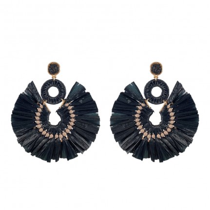 RAFFIA CIRCLE FAN HOOP EARRINGS - BLACK