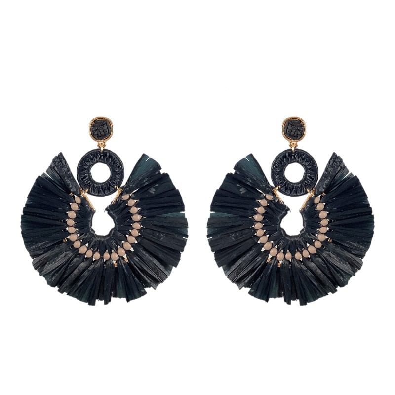 RAFFIA CIRCLE FAN HOOP EARRINGS - BLACK