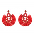 RAFFIA CIRCLE FAN HOOP EARRINGS - RED