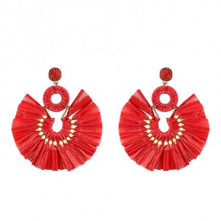 RAFFIA CIRCLE FAN HOOP EARRINGS - RED