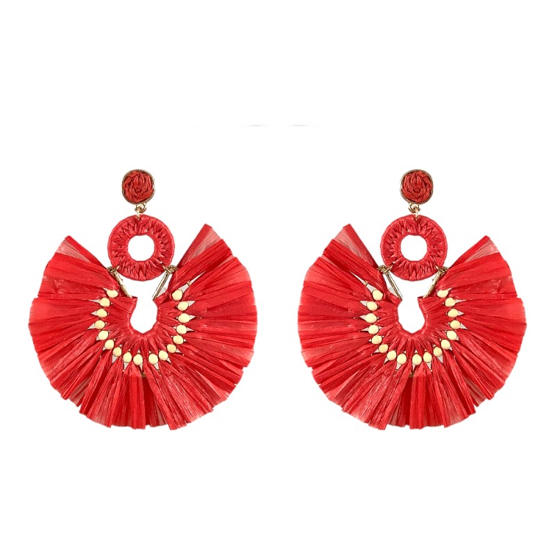 RAFFIA CIRCLE FAN HOOP EARRINGS - RED