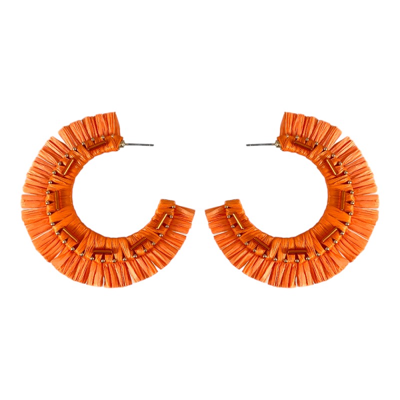 RAFFIA FRINGE BEADED HOOP EARRINGS - ORANGE