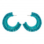 RAFFIA FRINGE BEADED HOOP EARRINGS - TURQUOISE