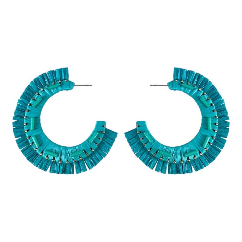 RAFFIA FRINGE BEADED HOOP EARRINGS - TURQUOISE