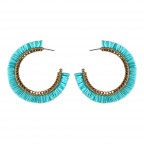 RAFFIA FRINGE GOLD BEADED HOOP EARRINGS - LIGHT TURQUOISE