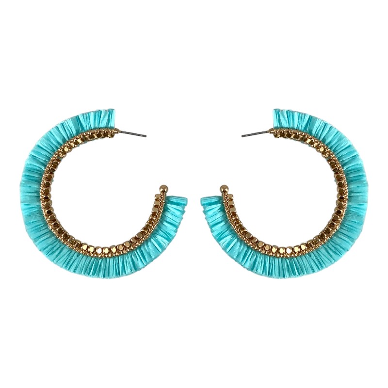 RAFFIA FRINGE GOLD BEADED HOOP EARRINGS - LIGHT TURQUOISE