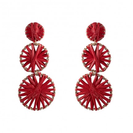  RAFFIA WRAPPED CIRCLE TIERED EARRINGS - RED
