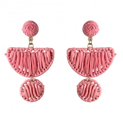 GEOMETRIC RAFFIA WRAPPED STATEMENT EARRINGS - PINK