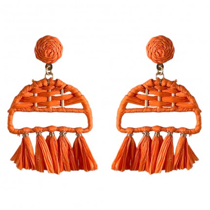  RAFFIA WRAPPED DROP FRINGE HOOP EARRINGS - ORANGE