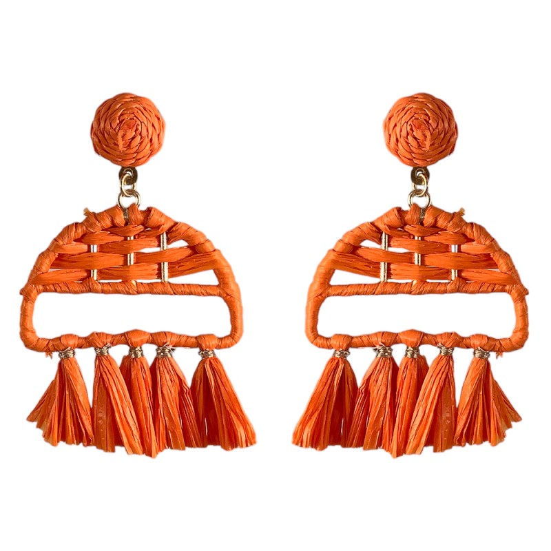  RAFFIA WRAPPED DROP FRINGE HOOP EARRINGS - ORANGE