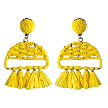  RAFFIA WRAPPED DROP FRINGE HOOP EARRINGS - YELLOW