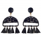 RAFFIA WRAPPED DROP FRINGE HOOP EARRINGS - BLACK