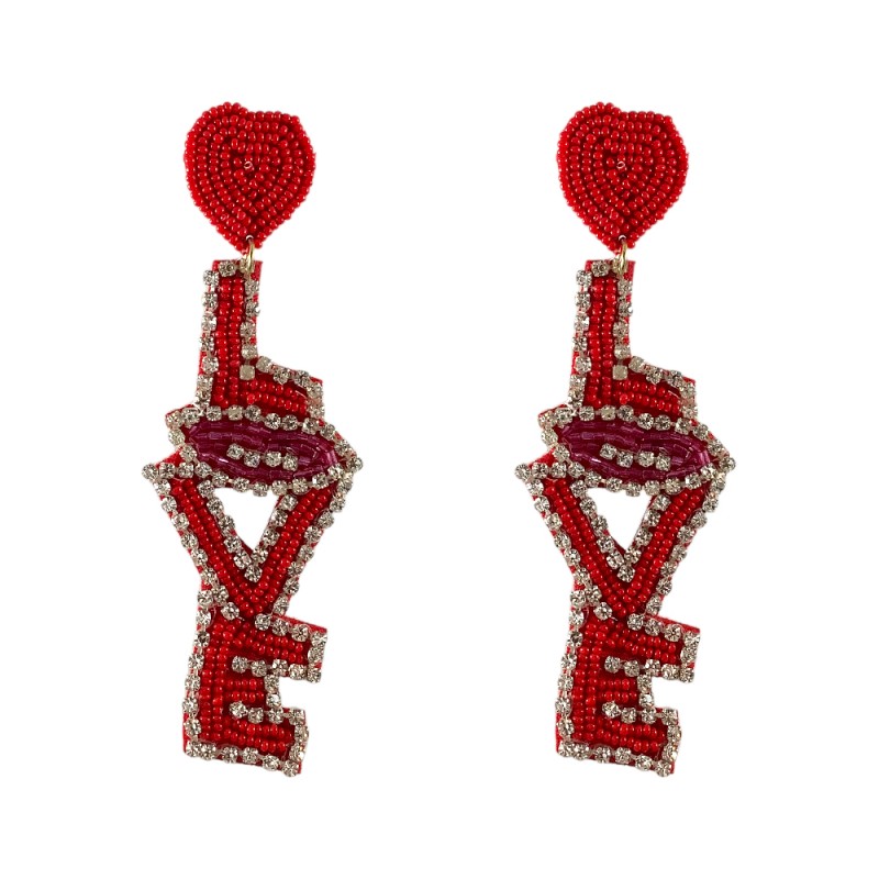 NOVELTY BEADED EARRINGS - RED LOVE LIPS HEART