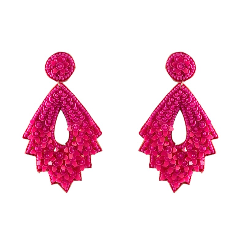 NOVELTY BEADED EARRINGS - FLORAL HOT PINK  