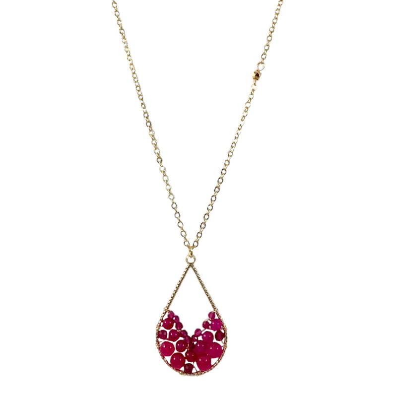 CRYSTAL TEARDROP PENDANT NECKLACE - FUCHSIA 