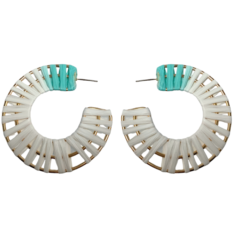 HOOP RAFFIA WRAPPED EARRINGS - TURQUOISE & WHITE 