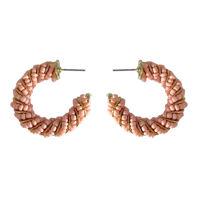 TWIST SEED BEAD HOOP EARRINGS - LIGHT PINK 