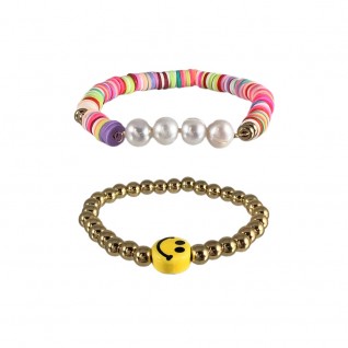 BRACELET - STRETCH SMILEY FACE & HEISHI SET - MULTI
