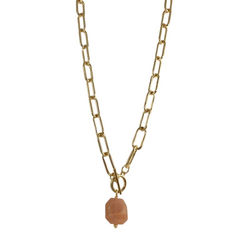 PENDANT GOLD NECKLACE - PEACH PINK STONE