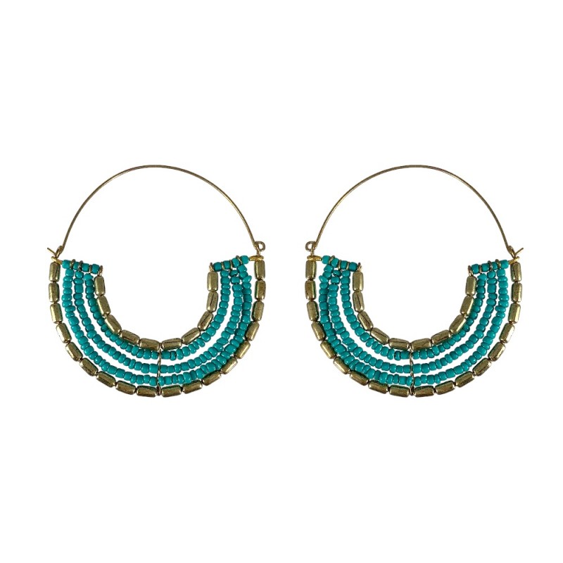 HALF BEADED HOOP EARRINGS - TURQUOISE