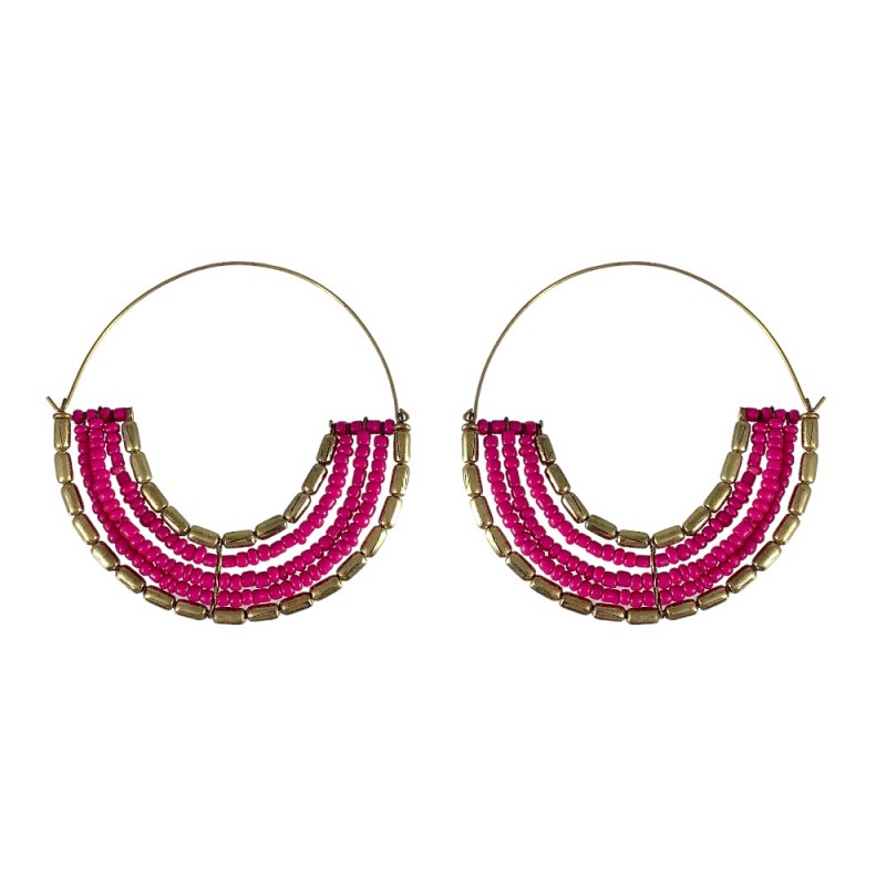 HALF BEADED HOOP EARRINGS - HOT PINK