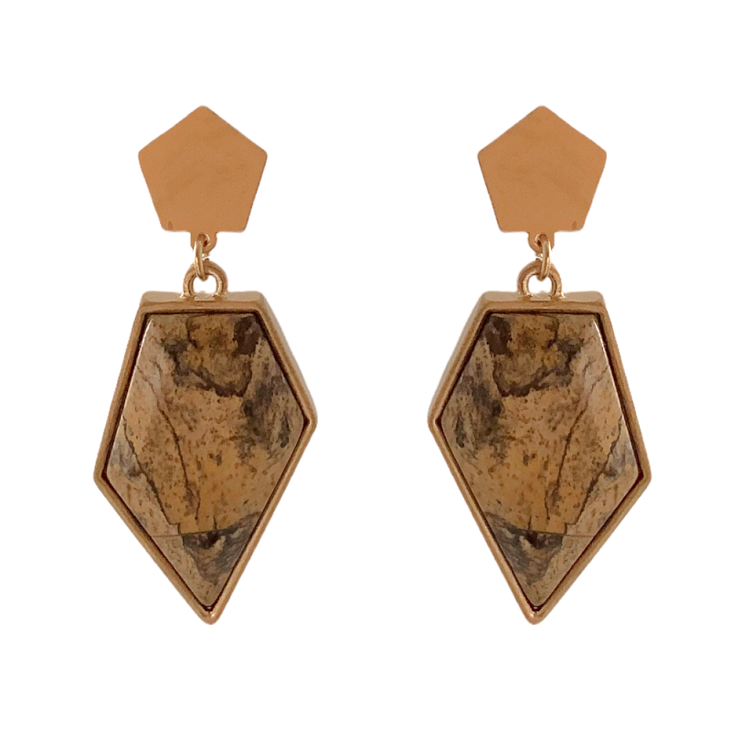 GEOMETRIC STONE DROP EARRINGS - BROWN JASPER 