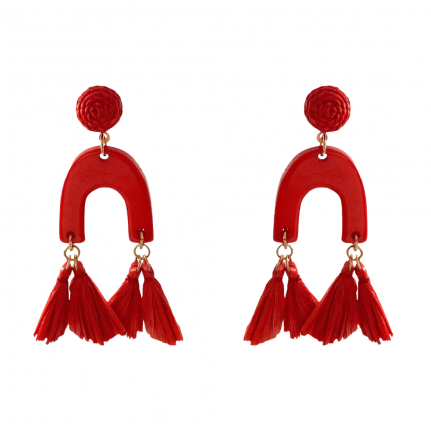 RAFFIA ACRYLIC U DROP FRINGE TASSEL EARRINGS - RED