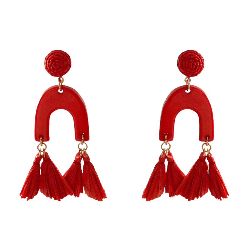 RAFFIA ACRYLIC U DROP FRINGE TASSEL EARRINGS - RED