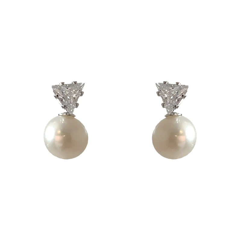 MINI PEARL WHITE GOLD DIPPED EARRINGS - TRIANGLE CUBIC ZIRCONIA