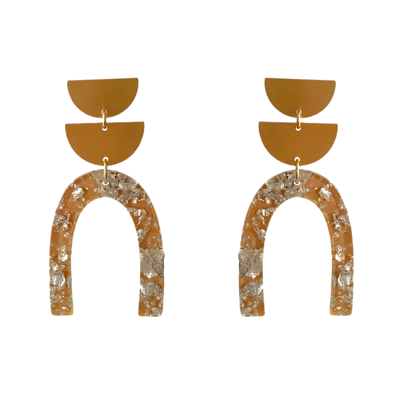 DROP U SHAPE ACRYLIC SILVER FLAKE EARRINGS - BROWN