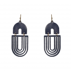 GENUINE LEATHER & WOOD OVAL EARRINGS - NAVY