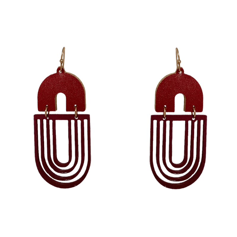 GENUINE LEATHER & WOOD OVAL EARRINGS - BURGUNDY
