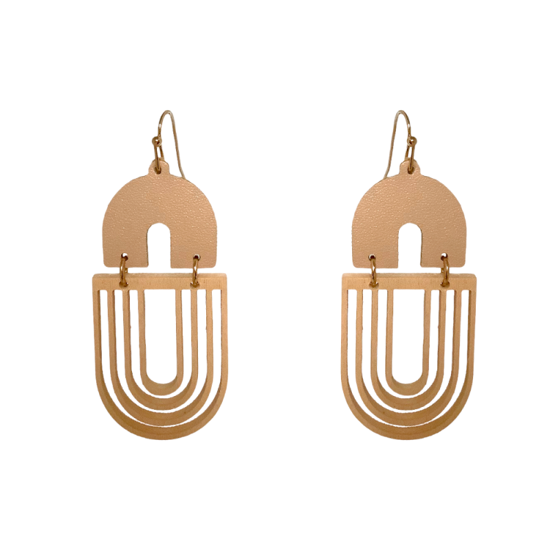GENUINE LEATHER & WOOD OVAL EARRINGS - BEIGE
