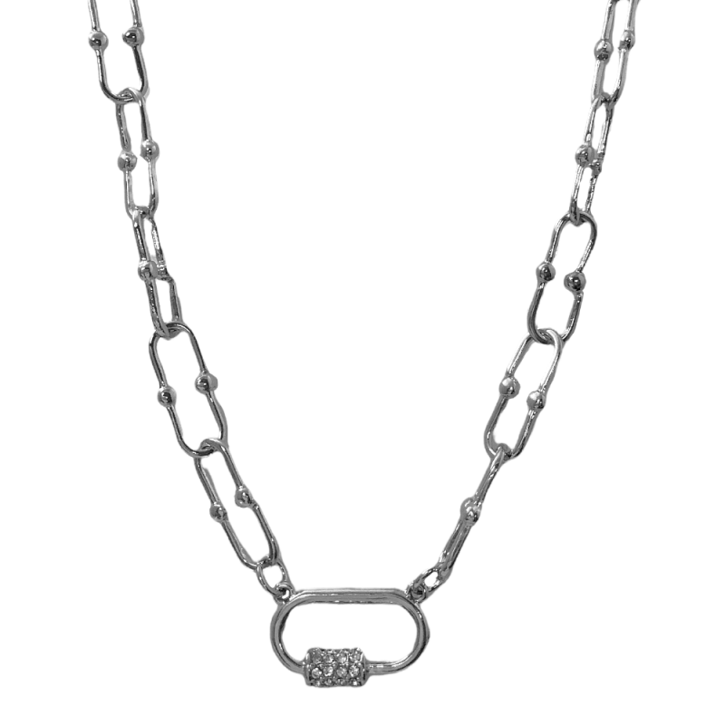 SILVER RETRO OVAL & BALL CHAINS NECKLACE