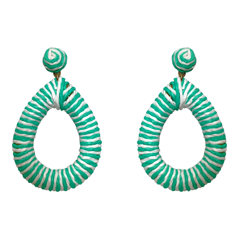 TEAR DROP RATTAN WRAPPED STRIPPED HOOP EARRINGS - TURQUOISE