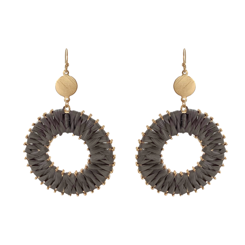 RAFFIA CIRCLE WRAPPED HOOP EARRINGS  - GREY