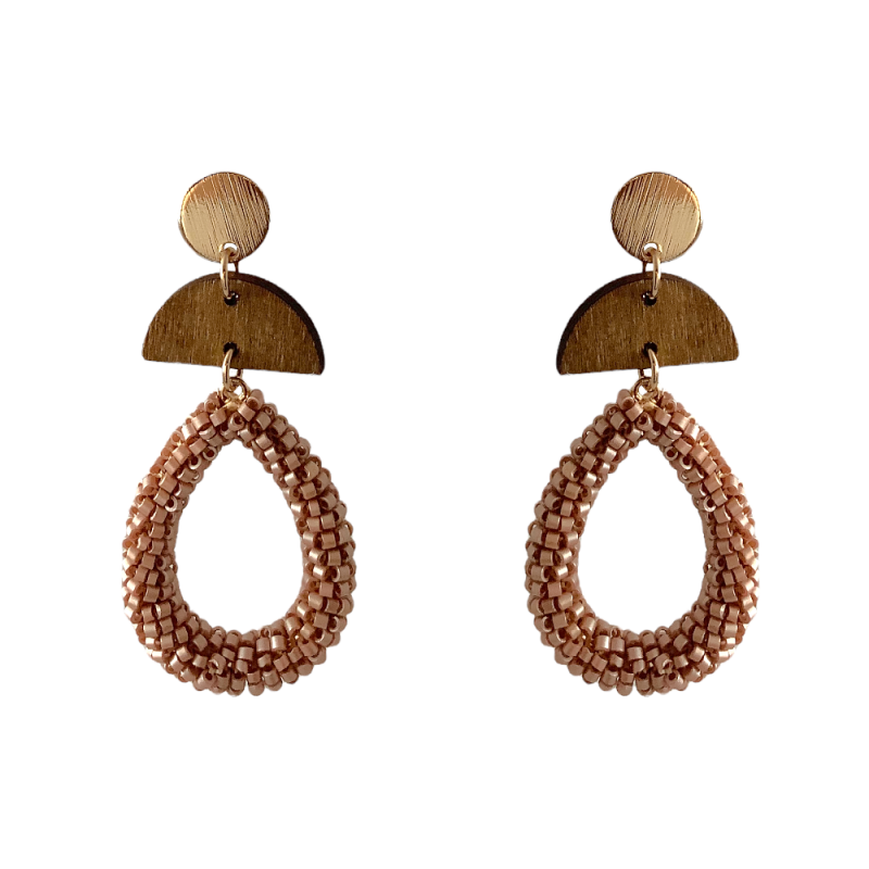 WOOD & SEED BEAD HOOP EARRINGS IRIDESCENT PINK