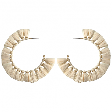 RAFFIA FAN FRINGE HOOP EARRINGS - IVORY