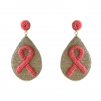 BREAST CANCER AWARENESS SEED BEAD STATMENT EARRINGS - SILVER TEARDROP