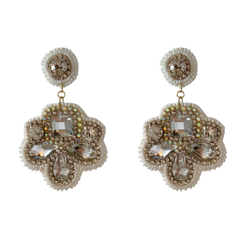 RETRO SILVER STATEMENT EARRINGS - CRYSTAL & SEED BEAD FLOWER