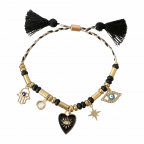 DRAW STRING EVIL EYE & CHARMS & COTTON THREAD BRACELET - BLACK