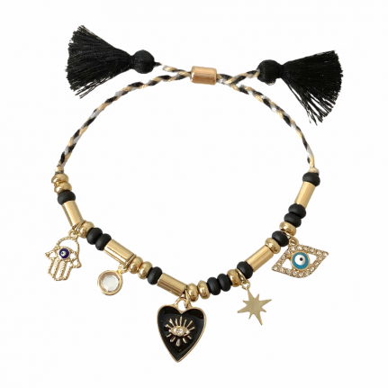DRAW STRING EVIL EYE & CHARMS & COTTON THREAD BRACELET - BLACK